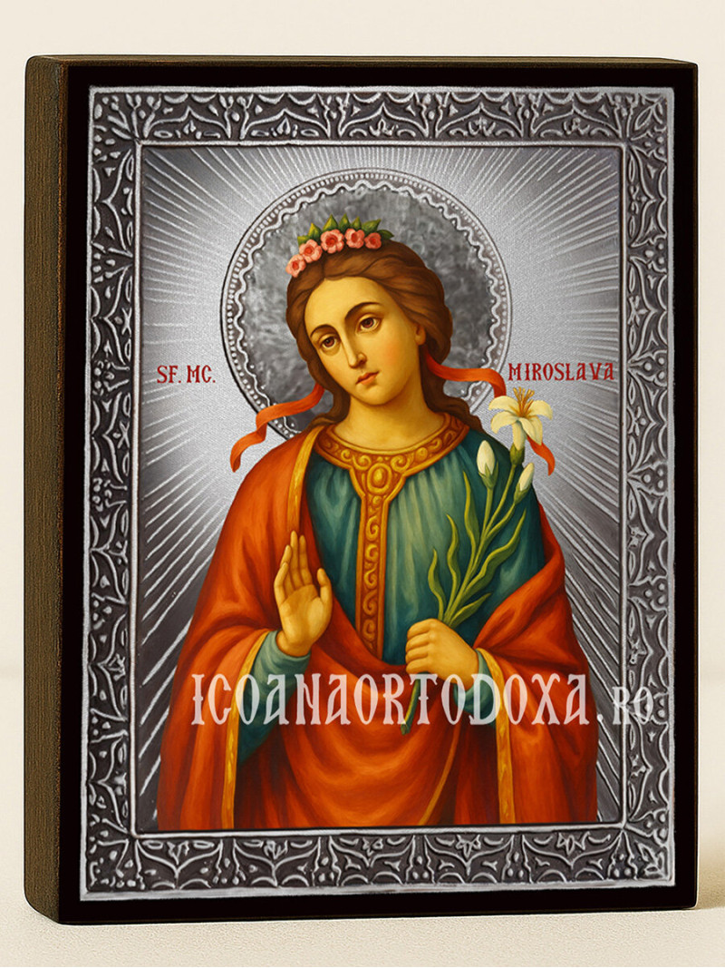 Icoană din argint cu Sfânta Miroslava și raze decorative