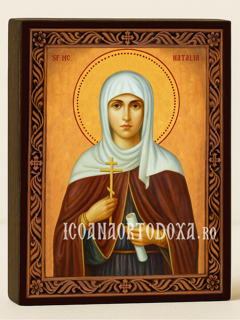 Icoană cu Sfânta Natalia cu ramă decorativă rustică