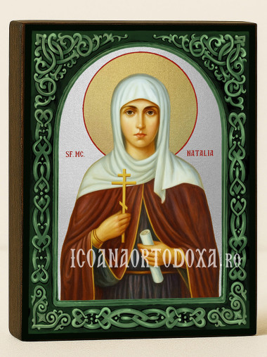 Icoană cu Sfânta Natalia cu arcadă florală verde și fundal argintiu