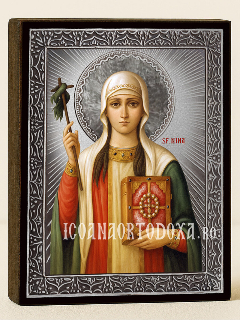 Icoană din argint cu Sfânta Nina și raze decorative