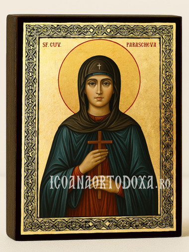 Icoană aurită cu Sfânta Parascheva și ramă decorativă
