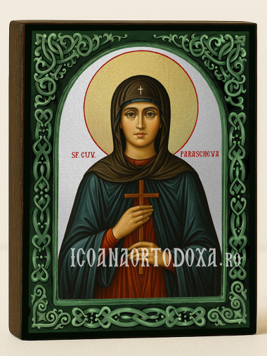Icoană cu Sfânta Parascheva cu arcadă florală verde