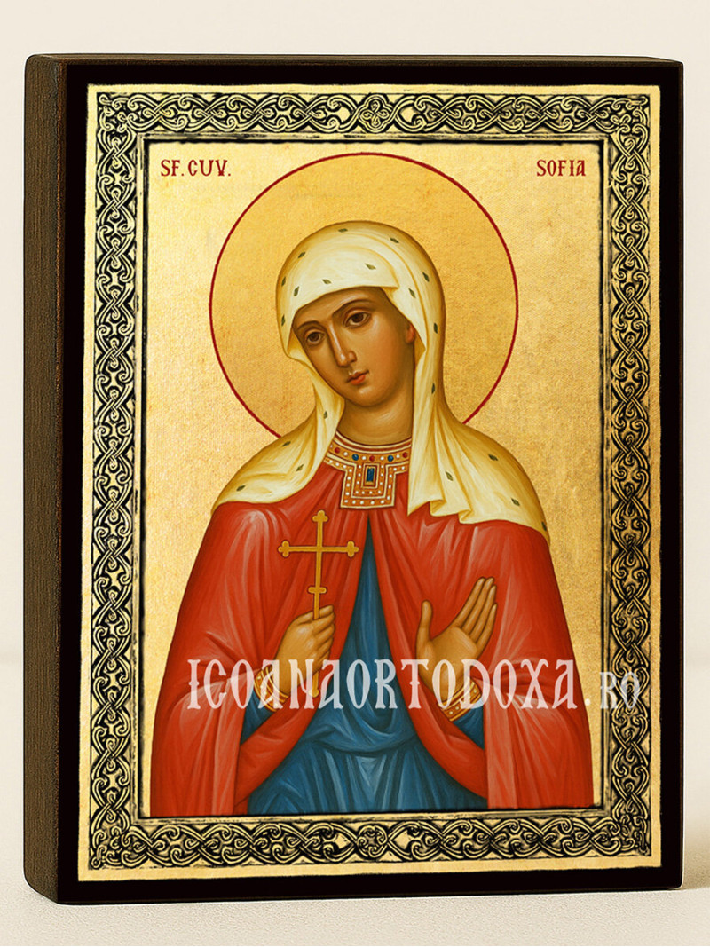 Icoană aurită cu Sfânta Sofia și ramă decorativă