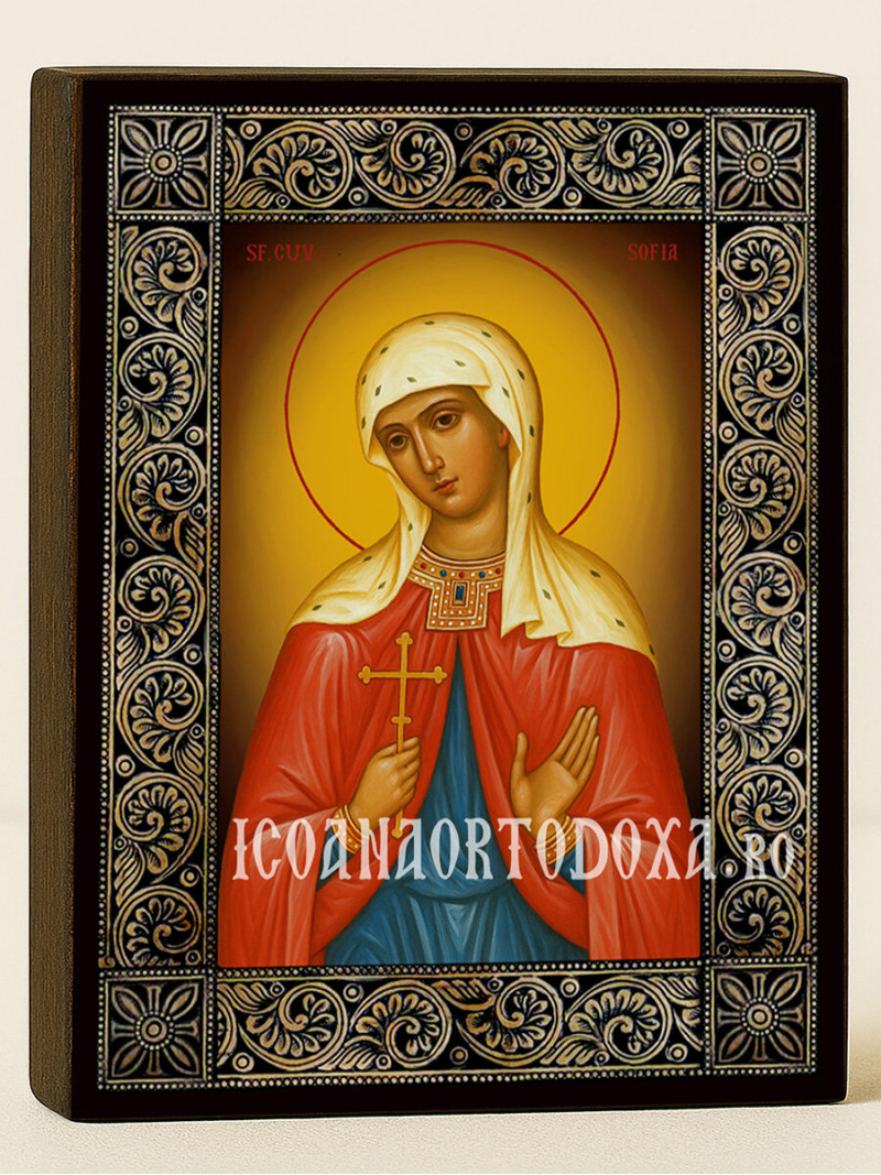 Icoană cu Sfânta Sofia și ramă florală decorativă