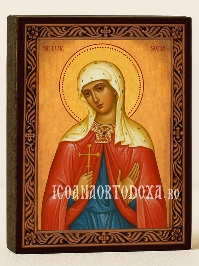 Icoană cu Sfânta Sofia cu ramă decorativă rustică