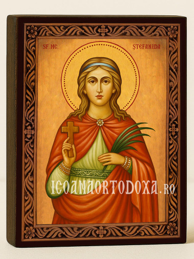 Icoană cu Sfânta Ștefanida Bitolsko-Skaridska cu ramă decorativă rustică