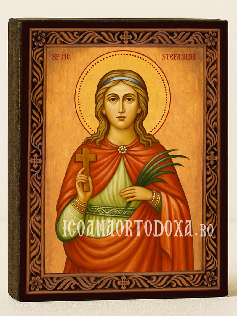 Icoană cu Sfânta Ștefanida Bitolsko-Skaridska cu ramă decorativă rustică