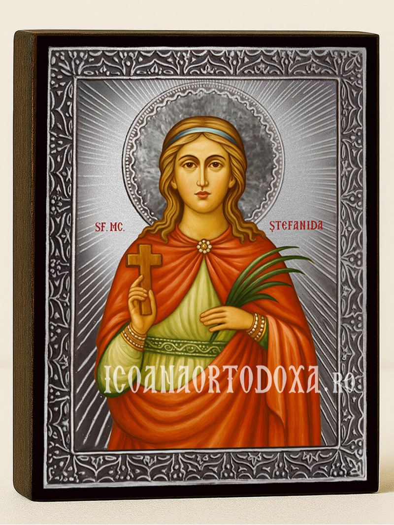 Icoană din argint cu Sfânta Ștefanida Bitolsko-Skaridska și raze decorative