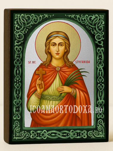 Icoană cu Sfânta Ștefanida Bitolsko-Skaridska cu arcadă florală verde și fundal argintiu