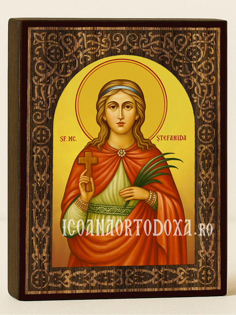 Icoană cu Sfânta Ștefanida Bitolsko-Skaridska cu arcadă florală cu textură de lemn