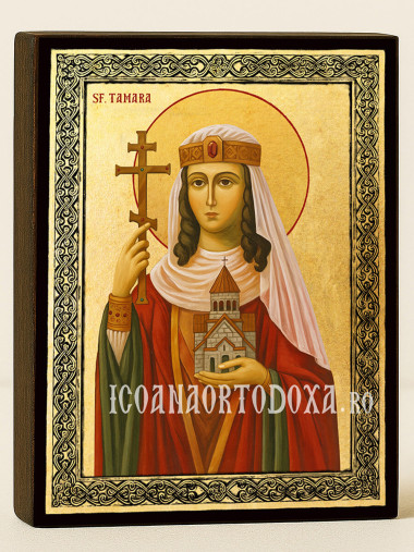 Icoană aurită cu Sfânta Tamara și ramă decorativă