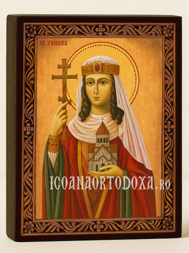 Icoană cu Sfânta Tamara cu ramă decorativă rustică