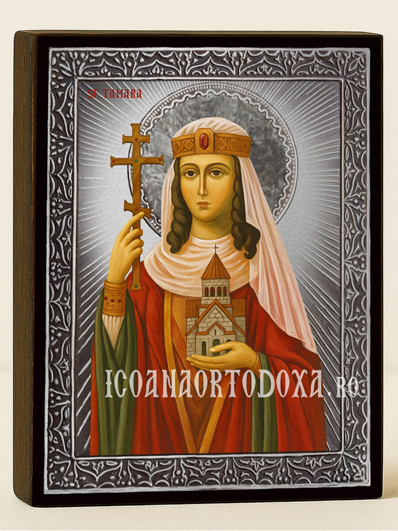 Icoană din argint cu Sfânta Tamara și raze decorative