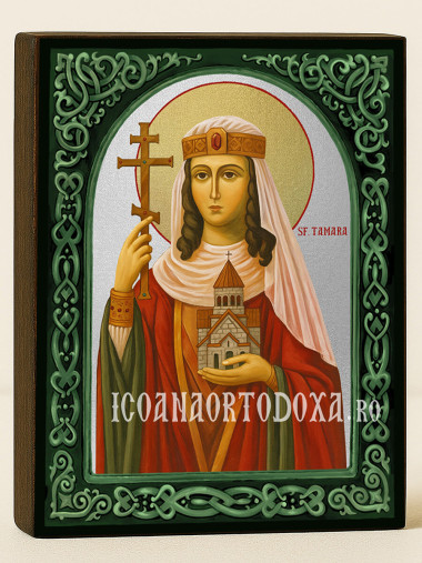 Icoană cu Sfânta Tamara cu arcadă florală verde și fundal argintiu
