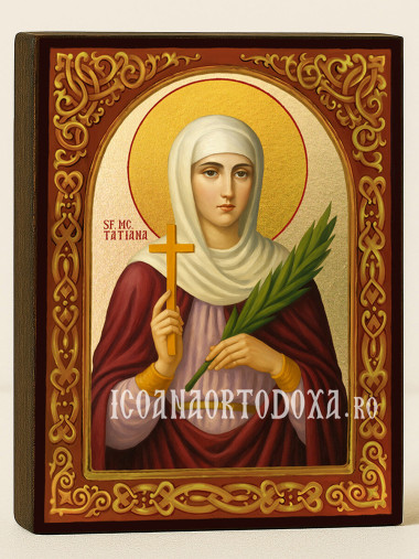 Icoană cu Sfânta Tatiana cu arcadă florală și fundal auriu