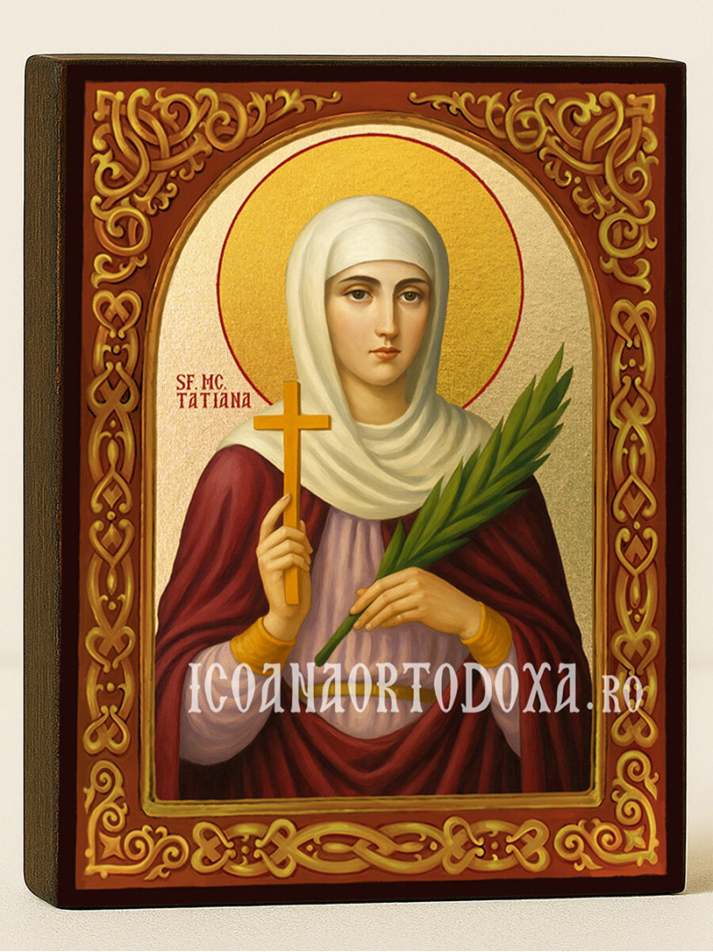Icoană cu Sfânta Tatiana cu arcadă florală și fundal auriu