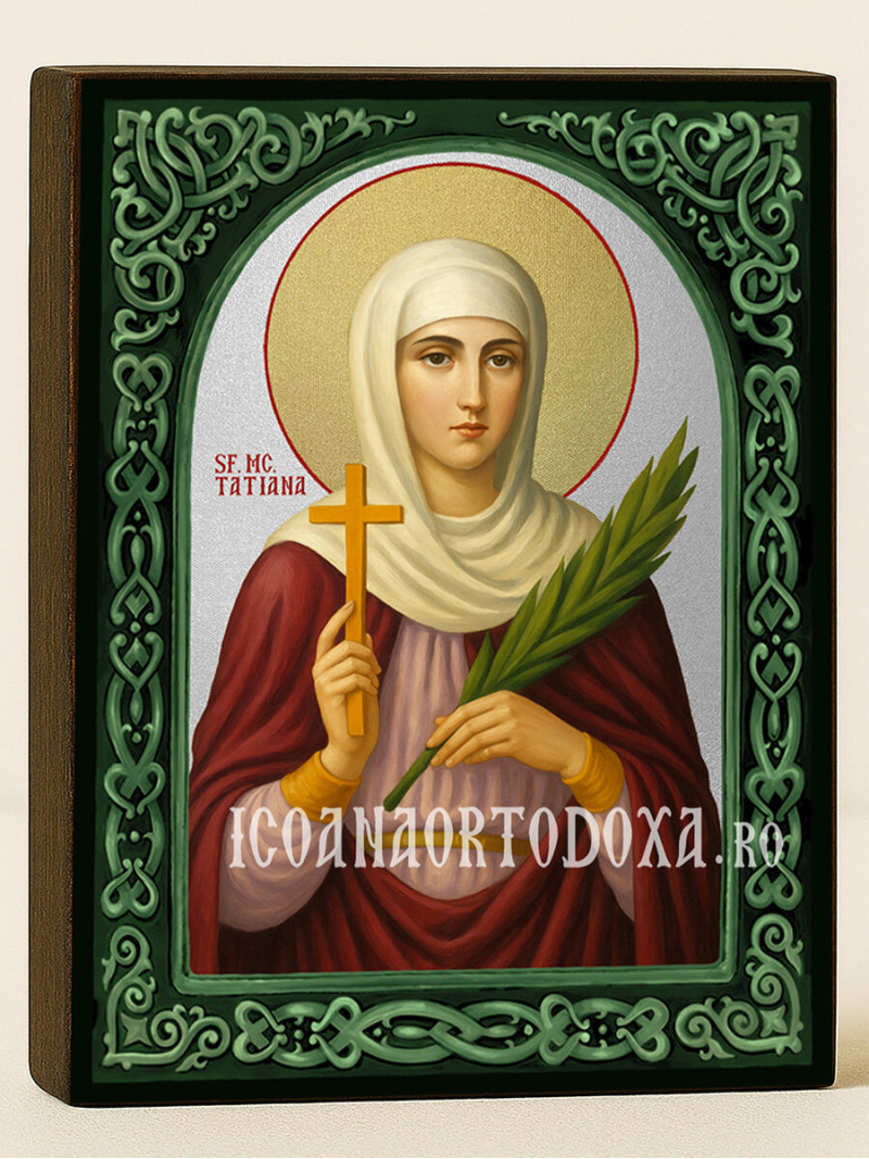 Icoană cu Sfânta Tatiana cu arcadă florală verde și fundal argintiu