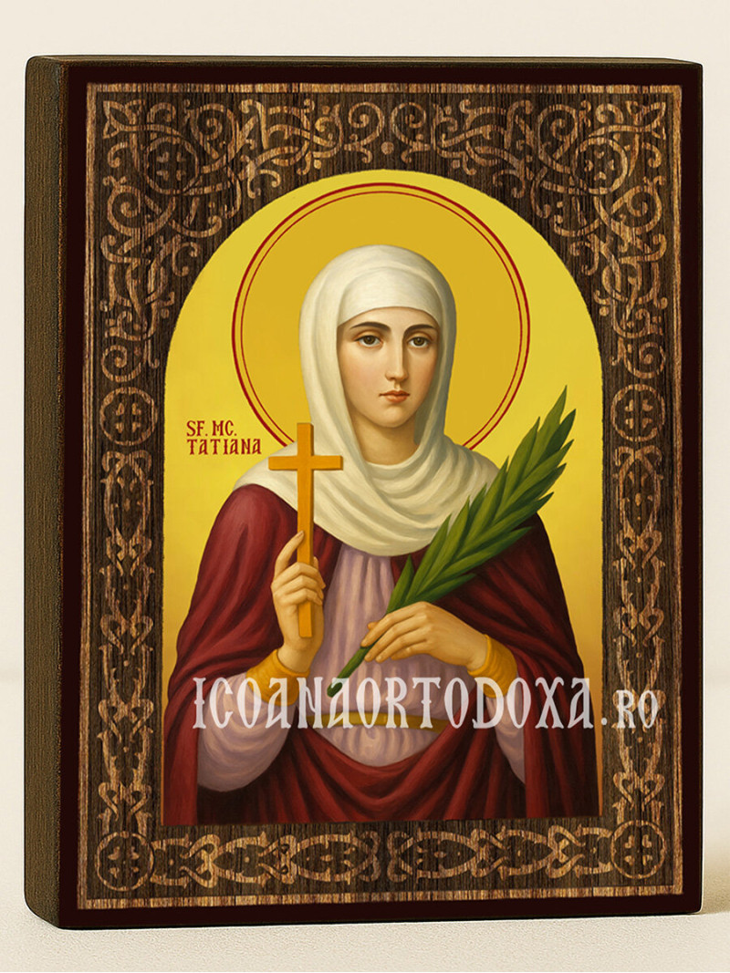 Icoană cu Sfânta Tatiana cu arcadă florală cu textură de lemn