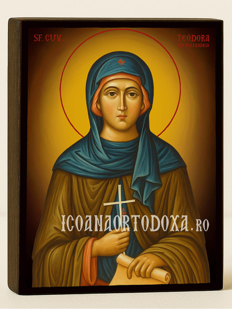Icoană cu Sfânta Teodora Alexandrina cu fundal galben luminos