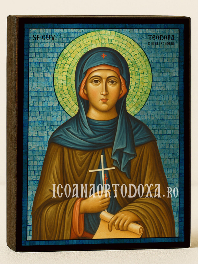 Icoană cu Sfânta Teodora Alexandrina cu mozaic argintiu albastru