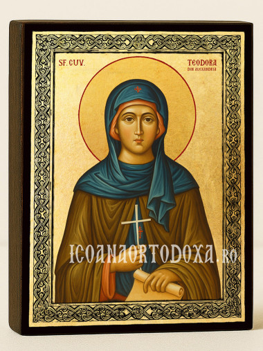 Icoană aurită cu Sfânta Teodora Alexandrina și ramă decorativă