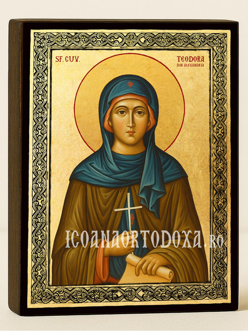 Icoană aurită cu Sfânta Teodora Alexandrina și ramă decorativă