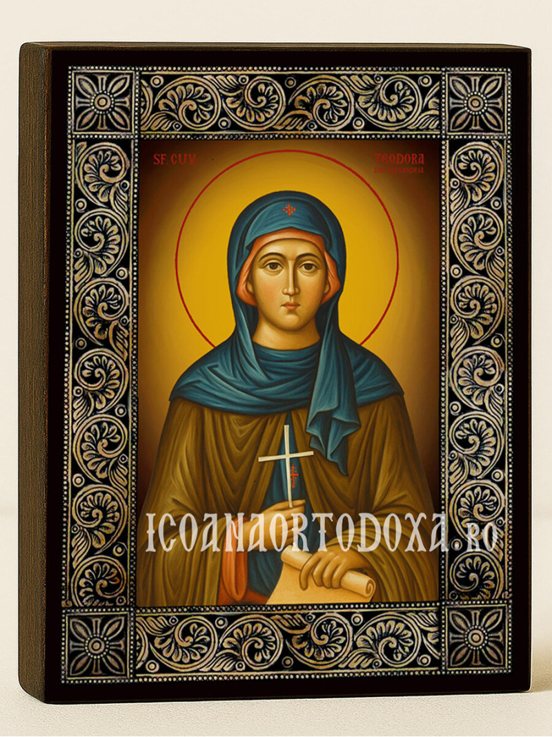 Icoană cu Sfânta Teodora Alexandrina și ramă florală decorativă