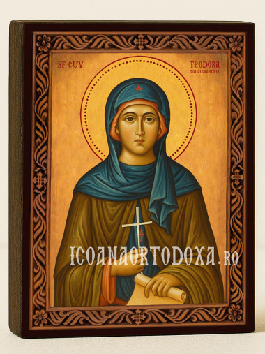 Icoană cu Sfânta Teodora Alexandrina cu ramă decorativă rustică