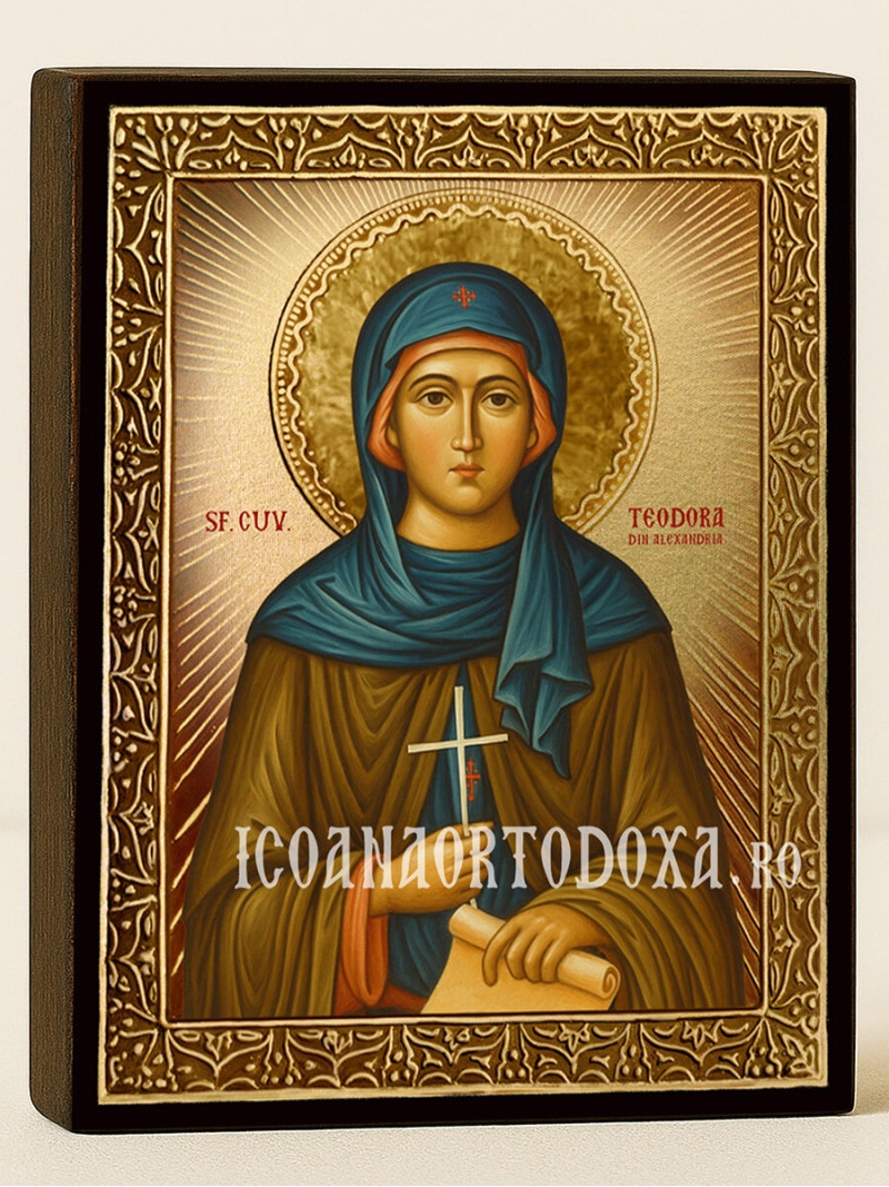 Icoană aurită cu Sfânta Teodora Alexandrina și raze luminoase