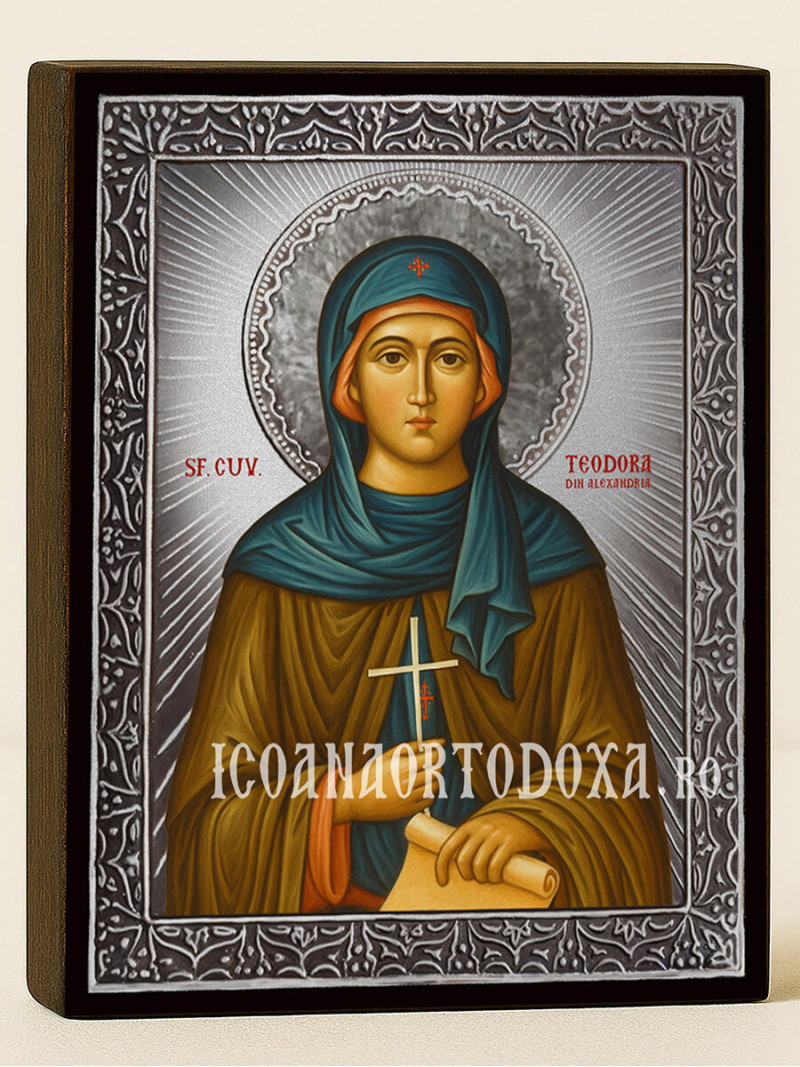 Icoană din argint cu Sfânta Teodora Alexandrina și raze decorative