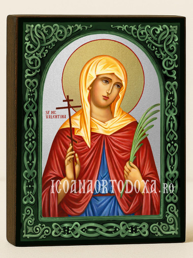 Icoană cu Sfânta Valentina cu arcadă florală verde