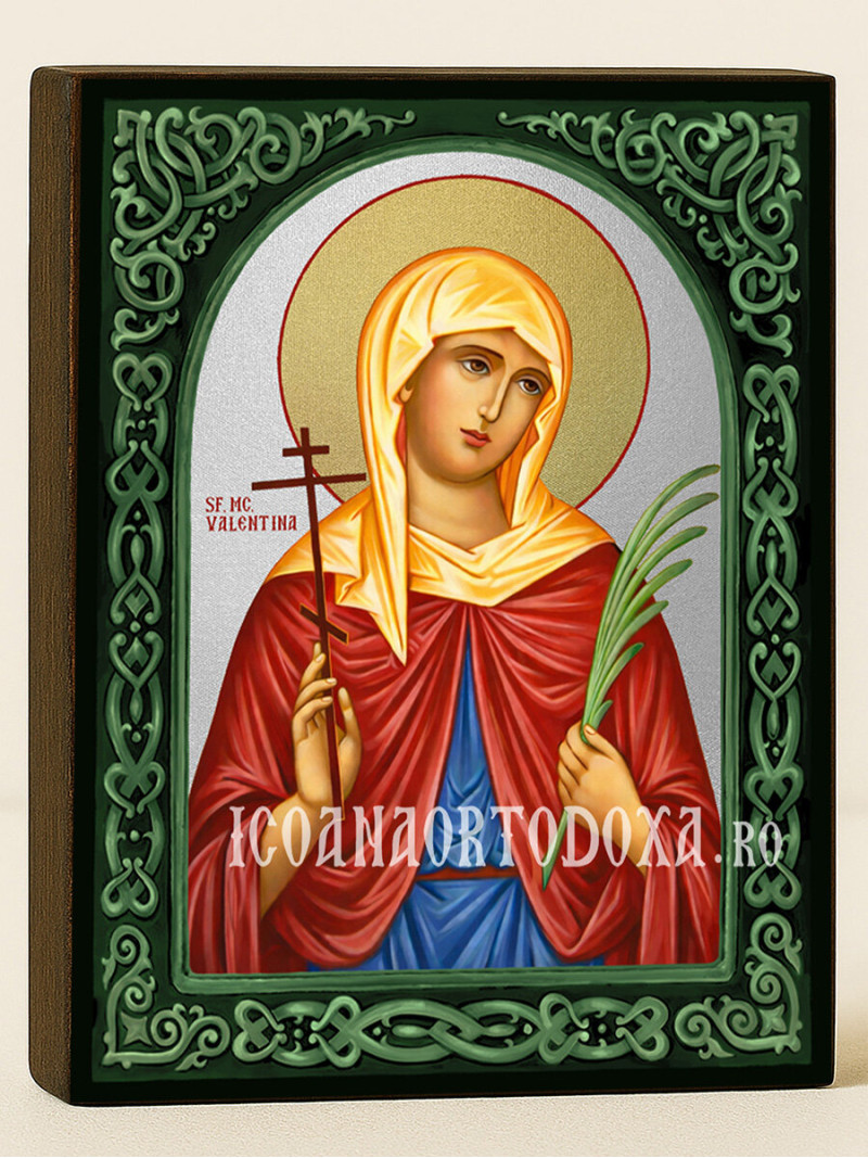 Icoană cu Sfânta Valentina cu arcadă florală verde