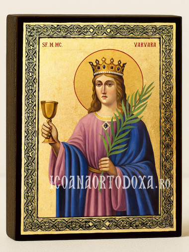 Icoană aurită cu Sfânta Varvara și ramă decorativă