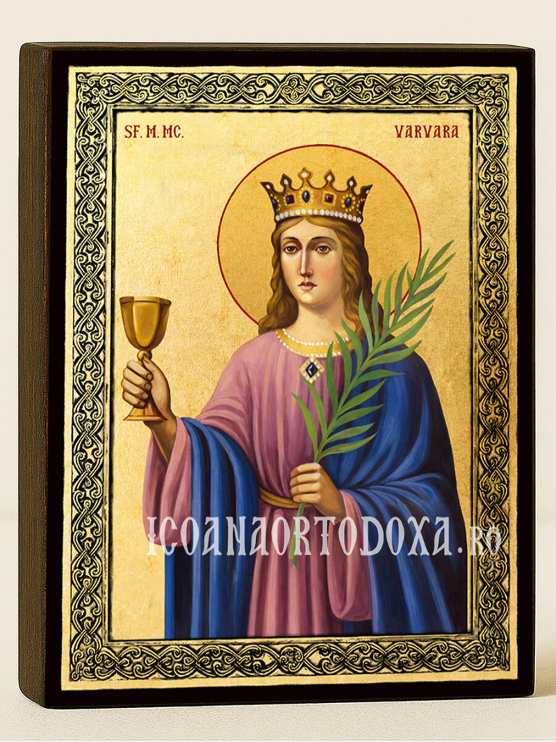Icoană aurită cu Sfânta Varvara și ramă decorativă