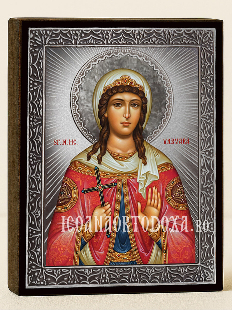 Icoană cu Sfânta Varvara cu raze argintii decorative