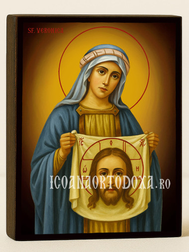Icoană cu Sfânta Veronica pe fundal galben cald