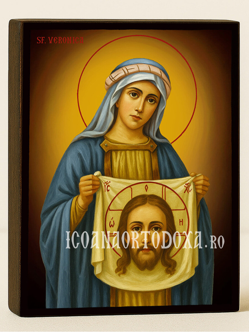 Icoană cu Sfânta Veronica pe fundal galben cald