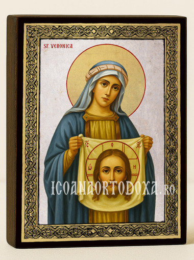 Icoană cu Sfânta Veronica pe fundal argintiu cu ramă aurie