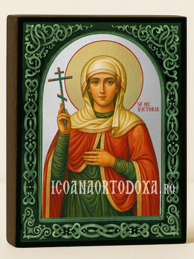 Icoană cu Sfânta Victoria cu arcadă florală verde și fond argintiu