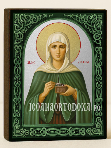 Icoană cu Sfânta Zinaida cu arcadă florală verde și fond argintiu