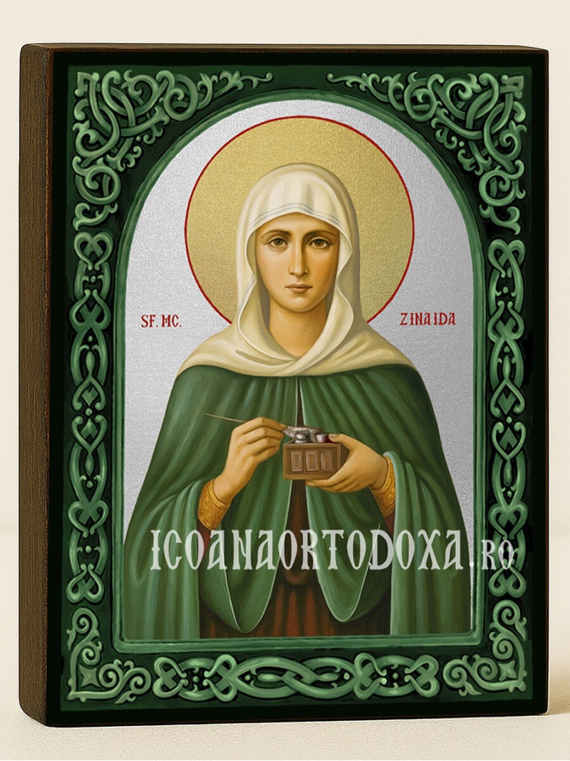 Icoană cu Sfânta Zinaida cu arcadă florală verde și fond argintiu