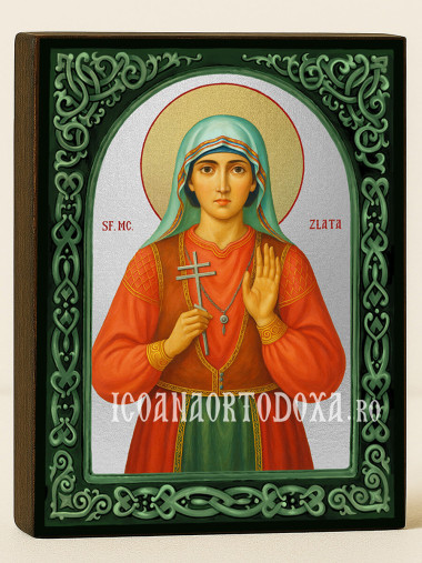 Icoană cu Sfânta Zlata Maglenka cu arcadă florală verde și fond argintiu