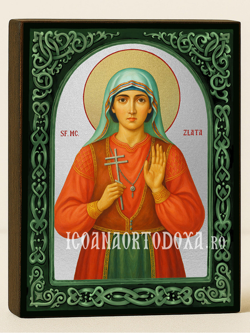 Icoană cu Sfânta Zlata Maglenka cu arcadă florală verde și fond argintiu