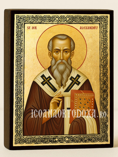 Icoană aurită cu Sfântul Alexandru de Constantinopol și ramă decorativă
