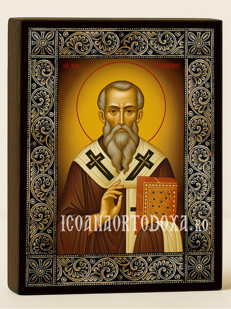 Icoană cu Sfântul Alexandru de Constantinopol cu ramă florală decorativă