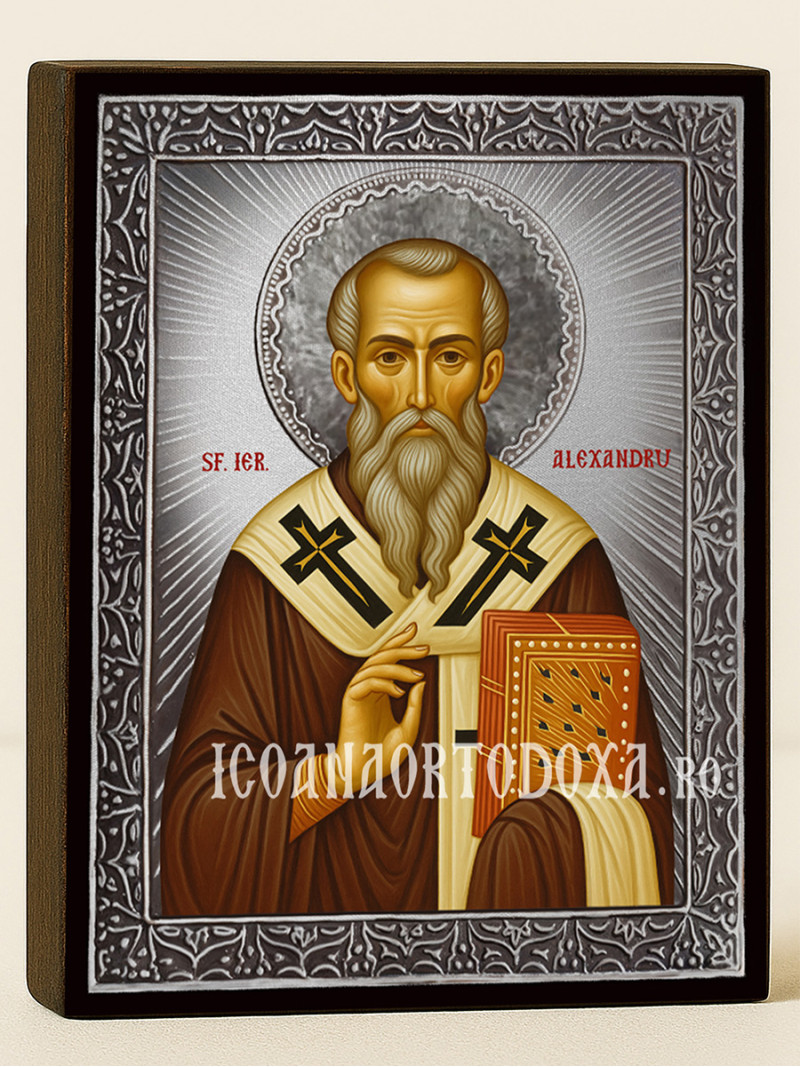 Icoană cu Sfântul Alexandru de Constantinopol cu raze argintii decorative
