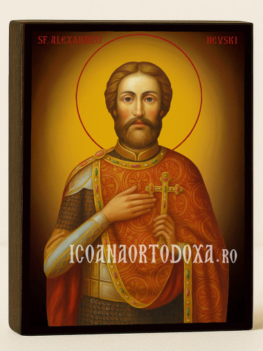 Icoană cu Sfântul Alexandru Nevski cu fundal galben luminos