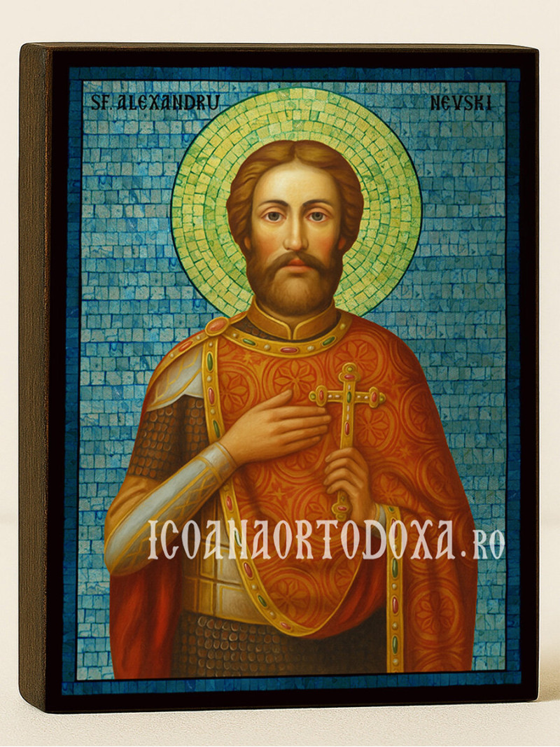 Icoană cu Sfântul Alexandru Nevski cu mozaic argintiu albastru