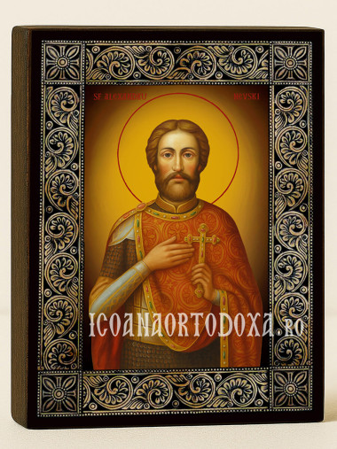 Icoană cu Sfântul Alexandru Nevski și ramă florală decorativă