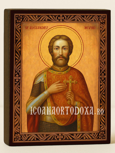 Icoană cu Sfântul Alexandru Nevski cu ramă decorativă rustică